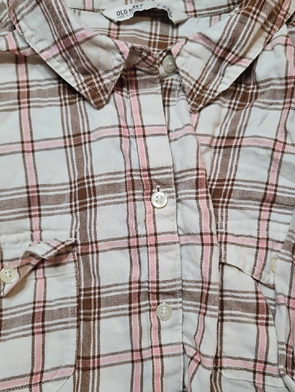 Old Navy Brown, Beige and Pink Plaid Button-Up Shirt